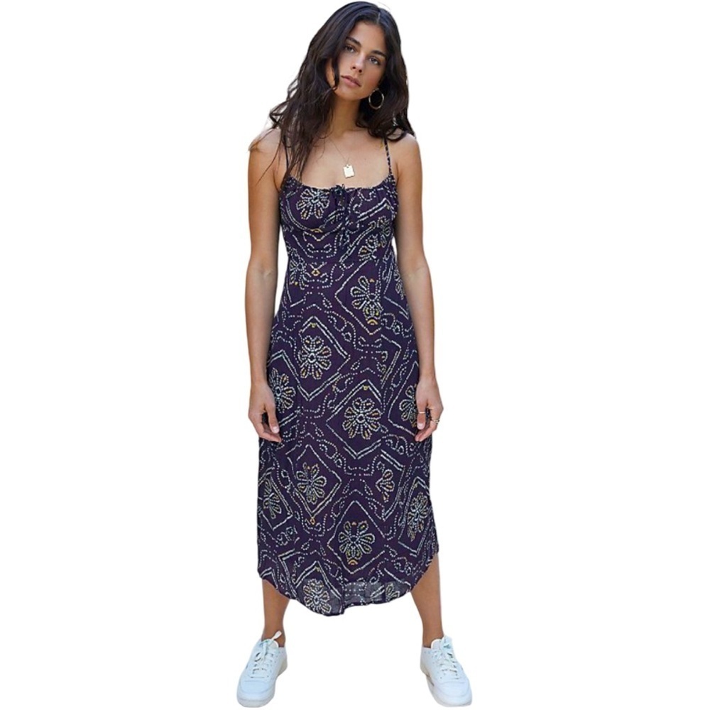 Urban Outfitters UO Kamaryn Tie Front Navy Blue Midi Dress Women’s Medium - Picture 2 of 15